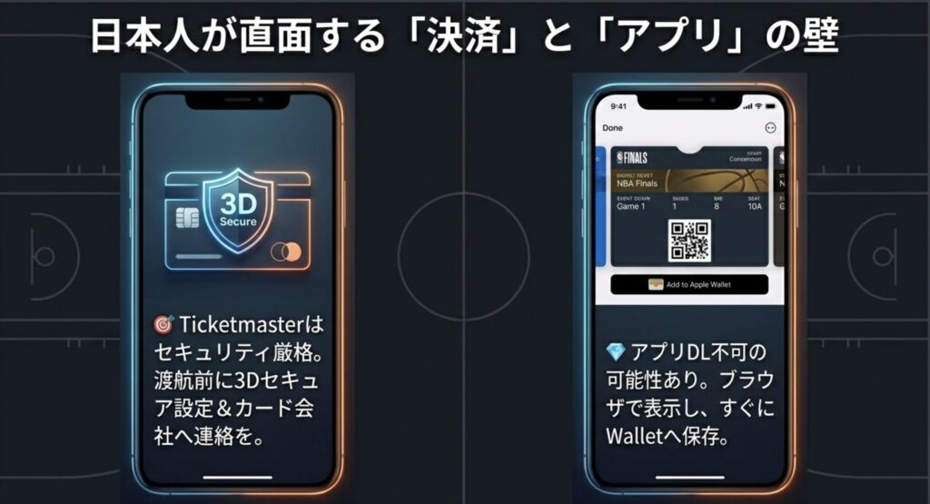 クレジットカードの3Dセキュア設定の重要性と、現地でネットが繋がらないリスクに備えてApple Wallet等にチケットを保存することを推奨する注意図。