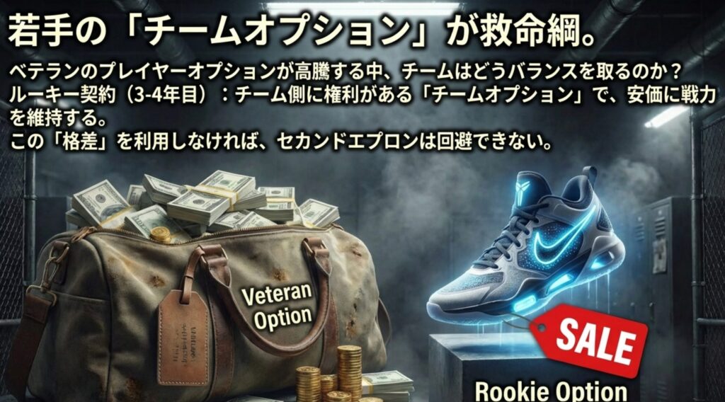 高騰するベテラン契約に対し、安価なルーキー契約（チームオプション）がチーム財政の命綱になっている構造図