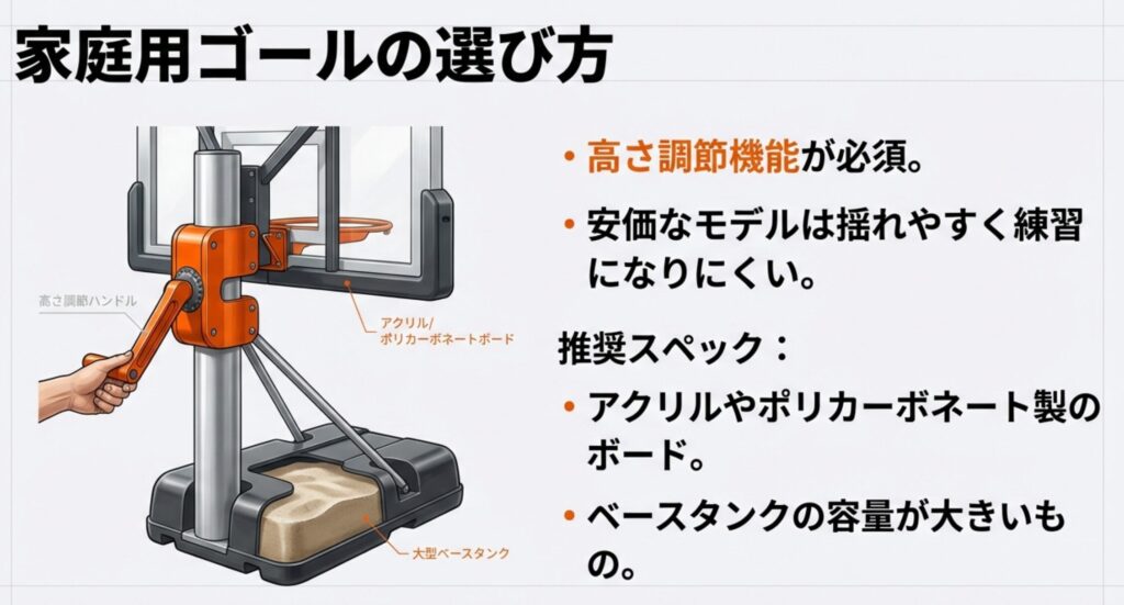 高さ調節機能やボードの材質、ベースタンクの重要性など、家庭用ゴールを選ぶ際のチェックポイント。
