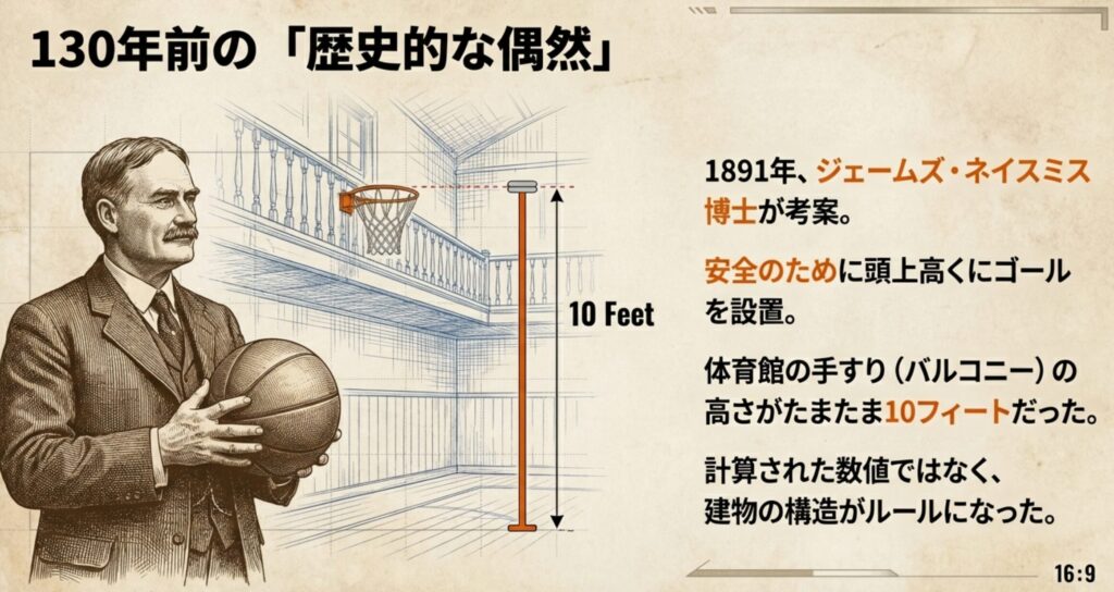 1891年にジェームズ・ネイスミス博士が、たまたま10フィートの高さにあった体育館の手すりに籠を設置した歴史的背景の解説。