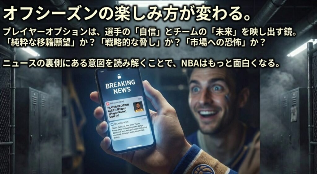 プレイヤーオプションの決断背景にある心理や戦略を読み解くことで、NBAニュースがより面白くなるというまとめスライド